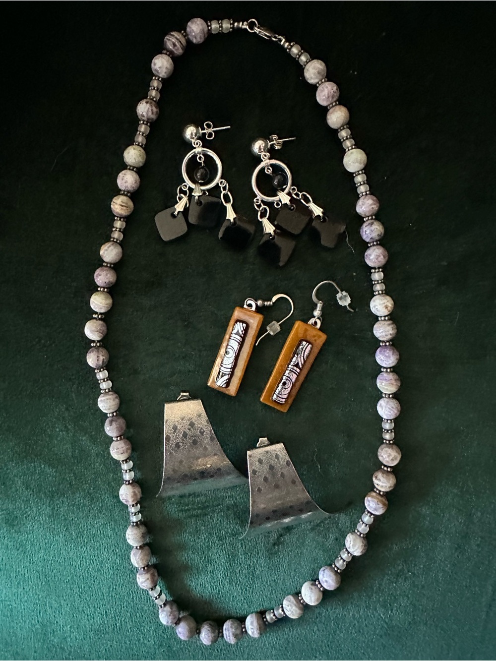 Sophisticated Goth Jewelry lot (one necklace and three pairs of earrings)